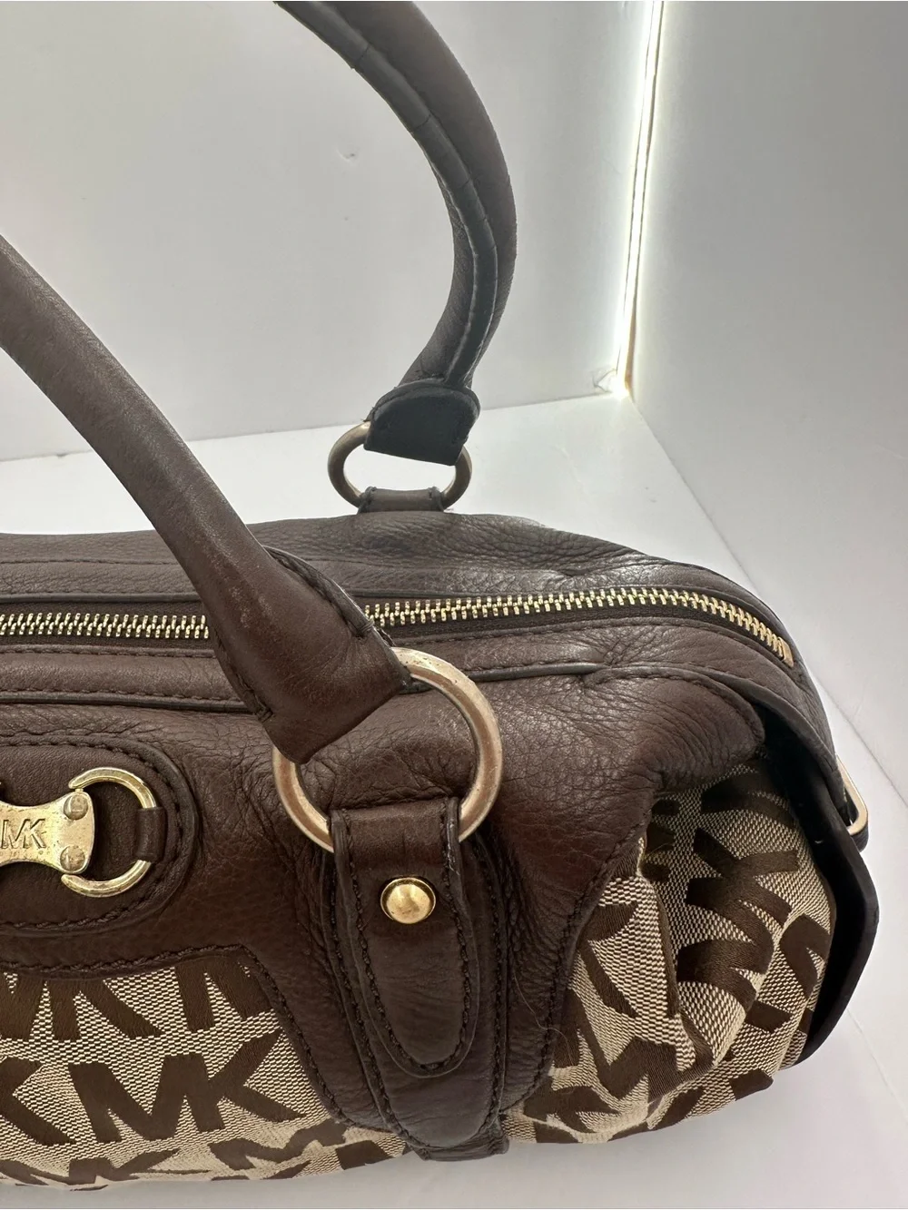 Vintage Michael Kors Brown MK Monogram Leather Satchel Bag Y2K Shoulder Purse